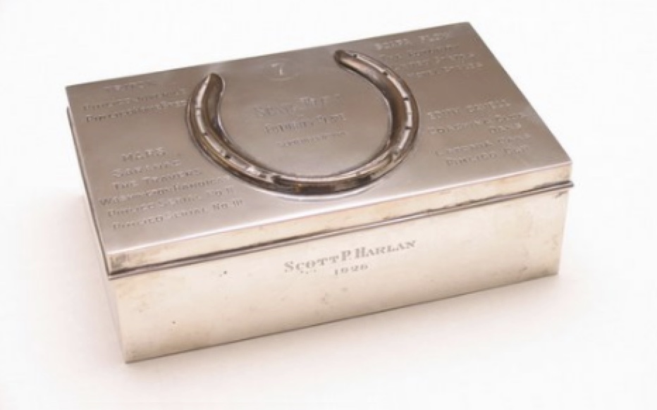 Sterling Silver Presentation Box Honoring Trainer, Scott P. Harlan (view: box top + side)